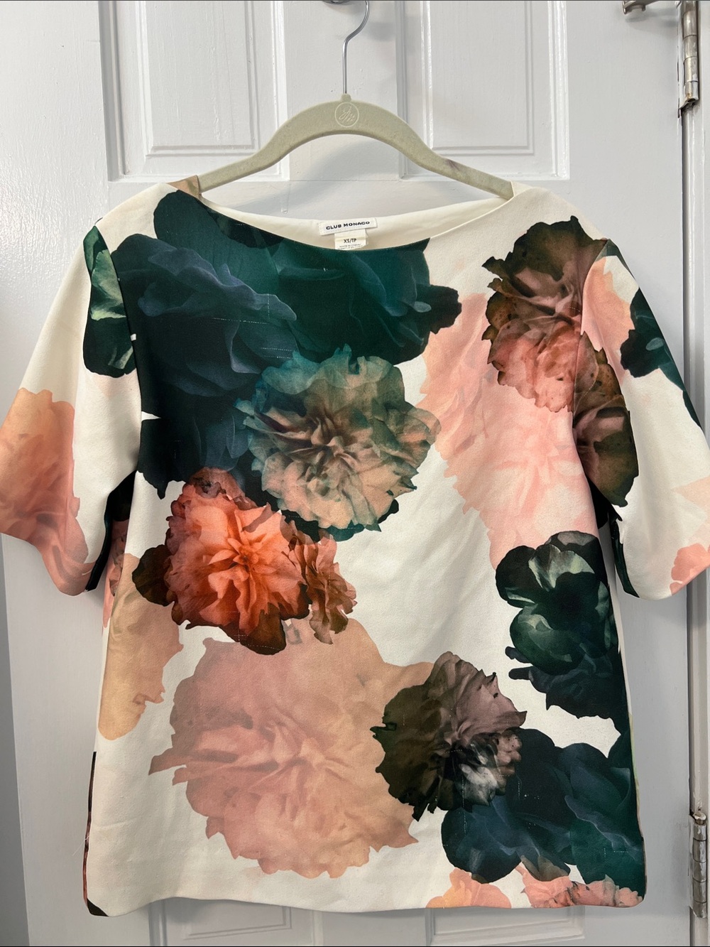 Club Monaco Cream Top with Green & Peach Floral Print